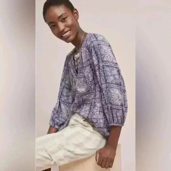 Anthropologie AKEMI + KIN Coconino 3/4 Sleeve Button Down Top Size M Blue Motif - Picture 2 of 11